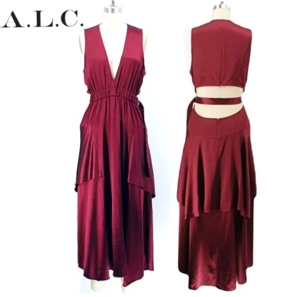 A.L.C. Silk Verena Plunging V-Neck Open Back Burgundy Satin Midi Dress - Picture 2 of 15